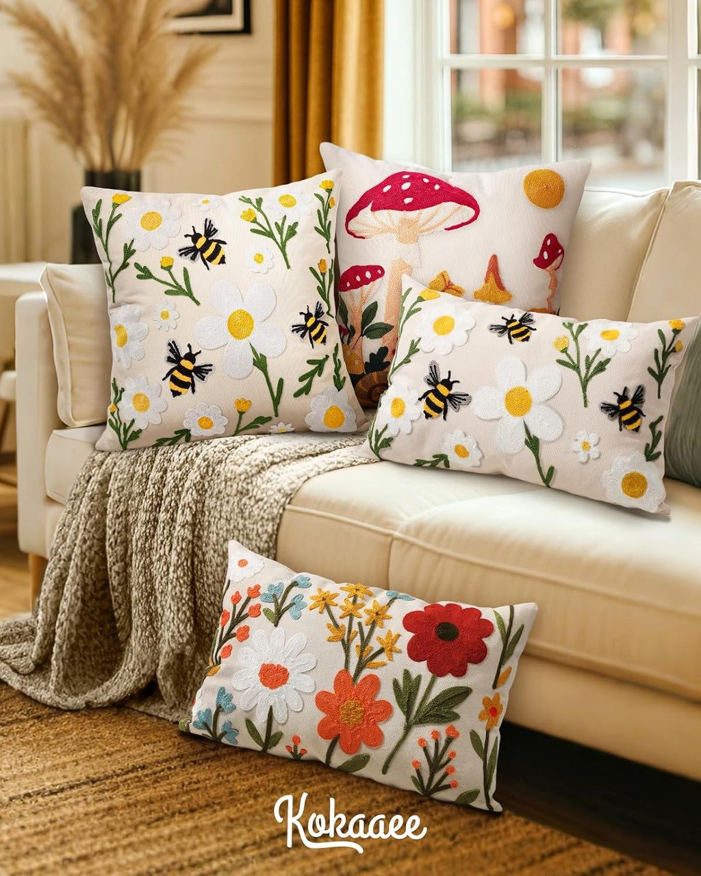 Embroidered Lumbar Pillow Cover 20x12 Inch, Flower Cluster | Decorative Throw Pillow Cover, Floral Farmhouse Cushion Case with Hidden Zipper, Home Decor for Couch, Sofa, Living Room