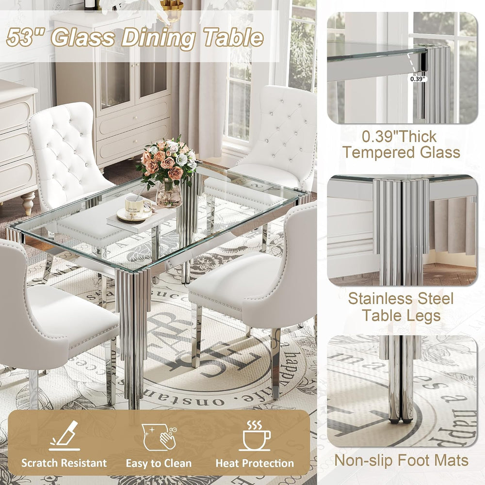 Modern Rectangle Glass Dining Table for 4-6 People, 53" Clear Tempered G...