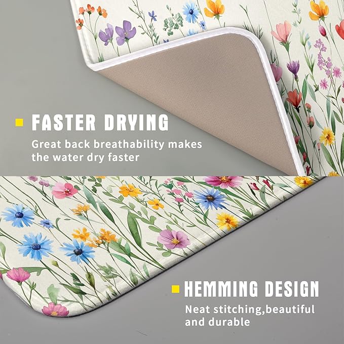 Giwawa Spring Floral Dish Drying Mat 16"x18" Watercolor Summer Wildflower Dish - Image 3