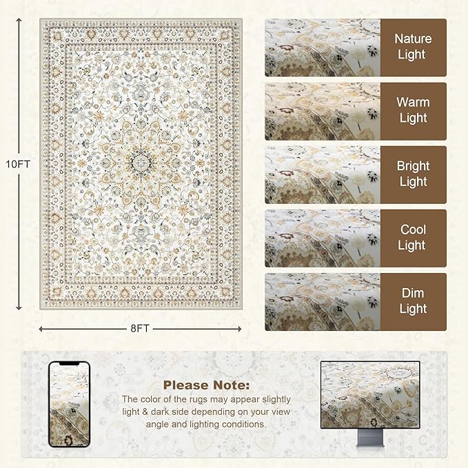 8x10 Area Rugs for Living Room: Washable Rug Soft Vintage Boho Carpet Indoor - Image 2