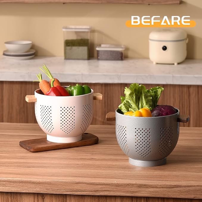 Metal Colander with Wood Handle and Stable Base, Powder Coated Steel Kitchen - Image 7
