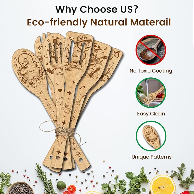 CUTHOLLOW 6PCS Funny Duck Wooden Kitchen Cooking Utensil Set, 11.9in Non Toxic - Image 3