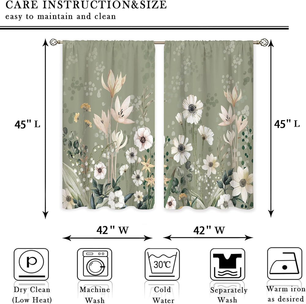 Green Boho Flower Small Kitchen Curtains Flower Plant Window Treatment Botani...