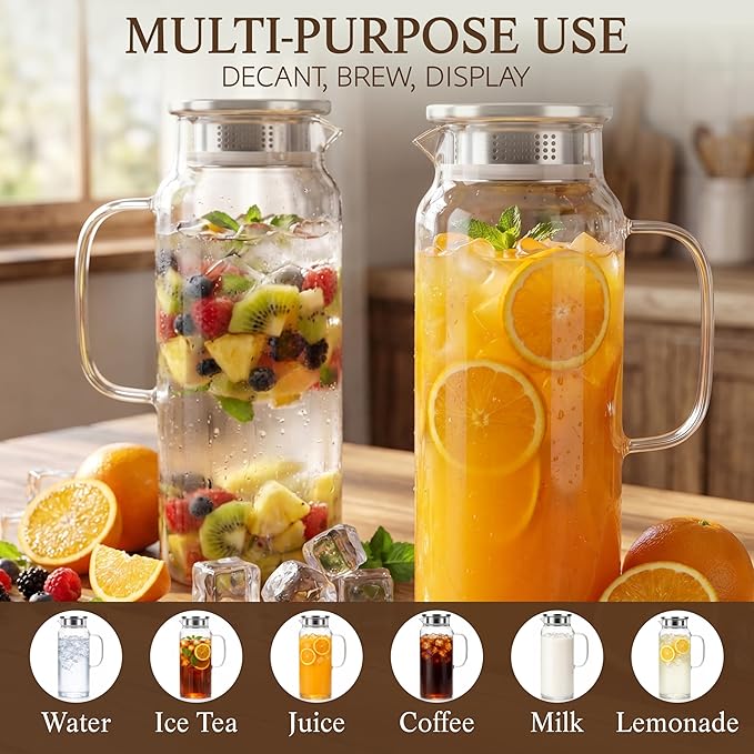 Glass Pitcher with Lid and Handle, 68oz 2 Liter Borosilicate Glass Water Pitcher - Image 7