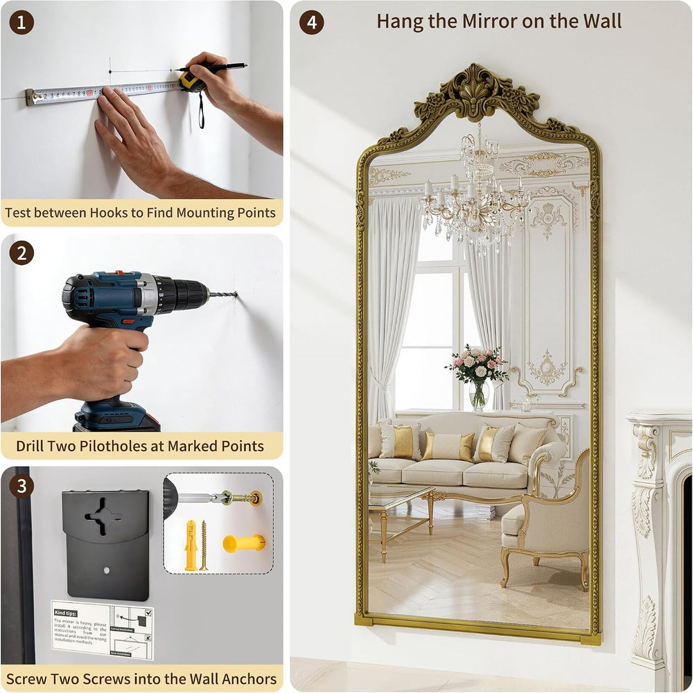 71"x32"Arched Full Length Floor Mirror, Gold Traditional Ornate Ant...