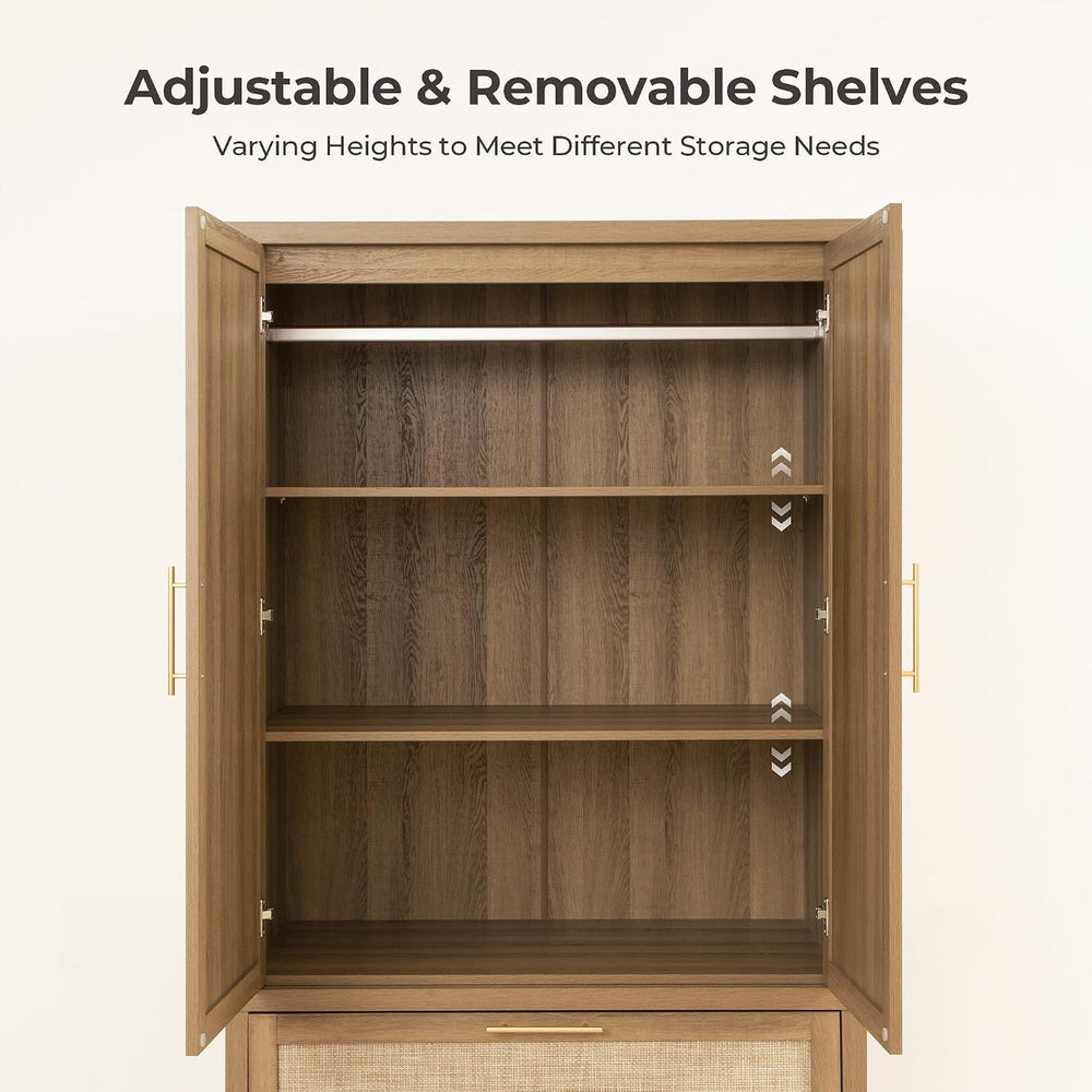 SICOTAS Rattan Armoire Wardrobe Closet : 71 inch Wardrobe with Drawers