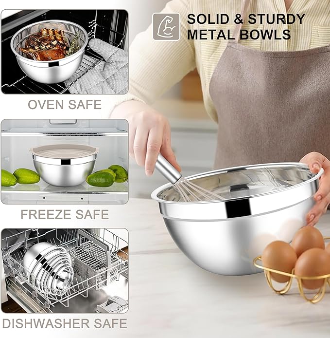 E-far Mixing Bowls with Lids Set, Size 7, Nesting Design & Khaki Airtight...