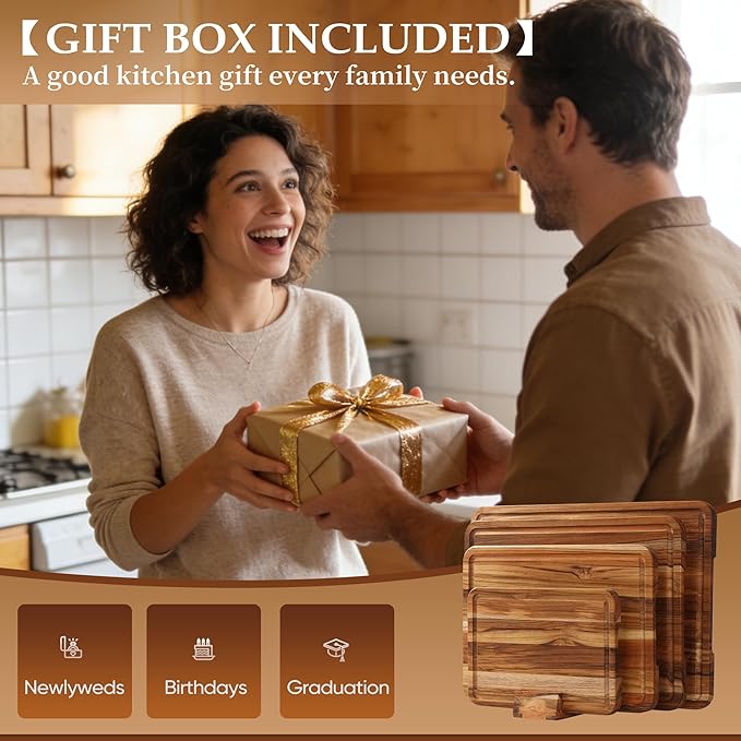 4 Pack Teak Cutting Board Set for Kitchen Wood Cutting Board Heavy Duty Non - Image 9