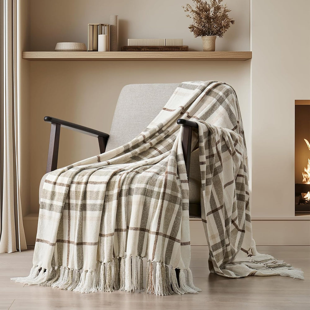 EverGrace Plaid Chenille Knit Throw Blanket for Couch, 50"x60", Beige