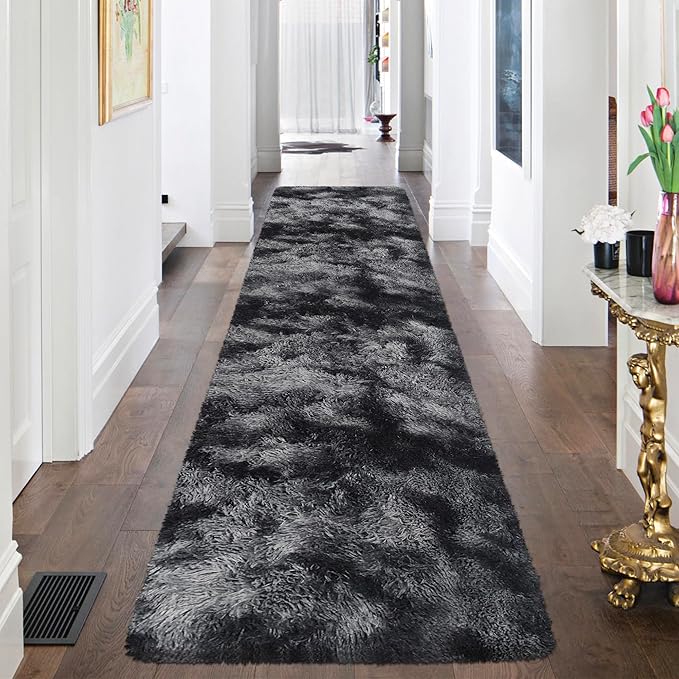 Tie-Dyed Runner Rug for Bedroom Black Grey 2x8ft Fluffy Area Rug Bedside Runner - Image 2