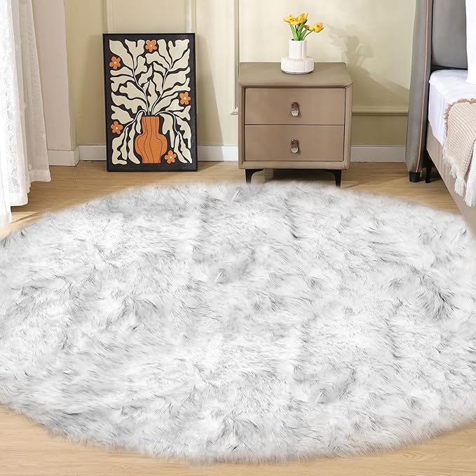 ORINOVA White and Grey Shaggy Round Rugs 6.6ft Large Circle Washable Faux by ORINOVA