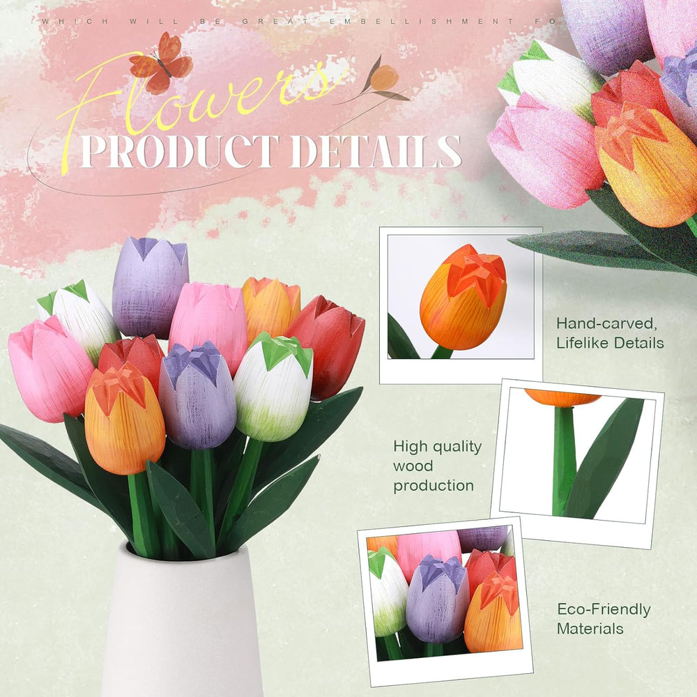 CroBlissful 10 Pcs 9 Inch Spring Wooden Tulip Flowers for Decoration