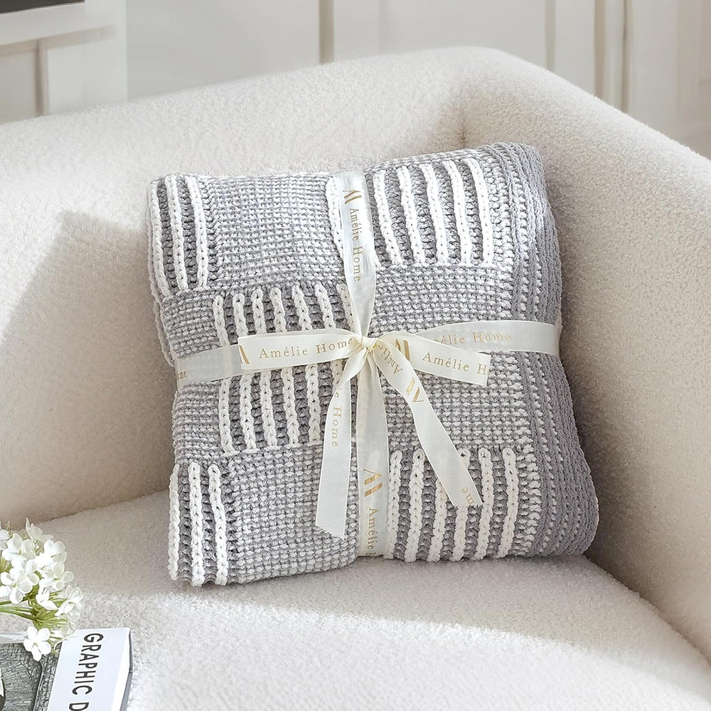 Amélie Home Checkered Chenille Knit Throw Blanket for Couch, Gray 50"x60...
