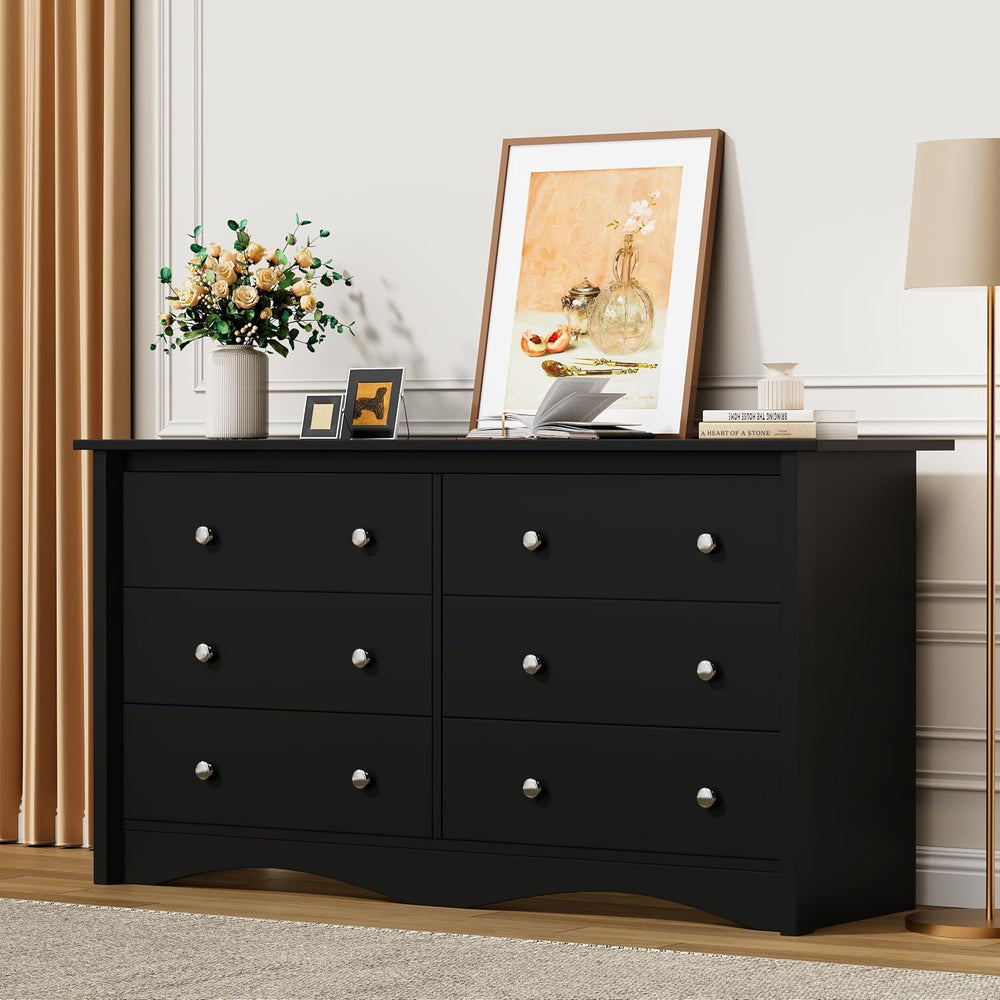 Flamaker Dresser for Bedroom, 6 Drawer Wood Dresser, Black