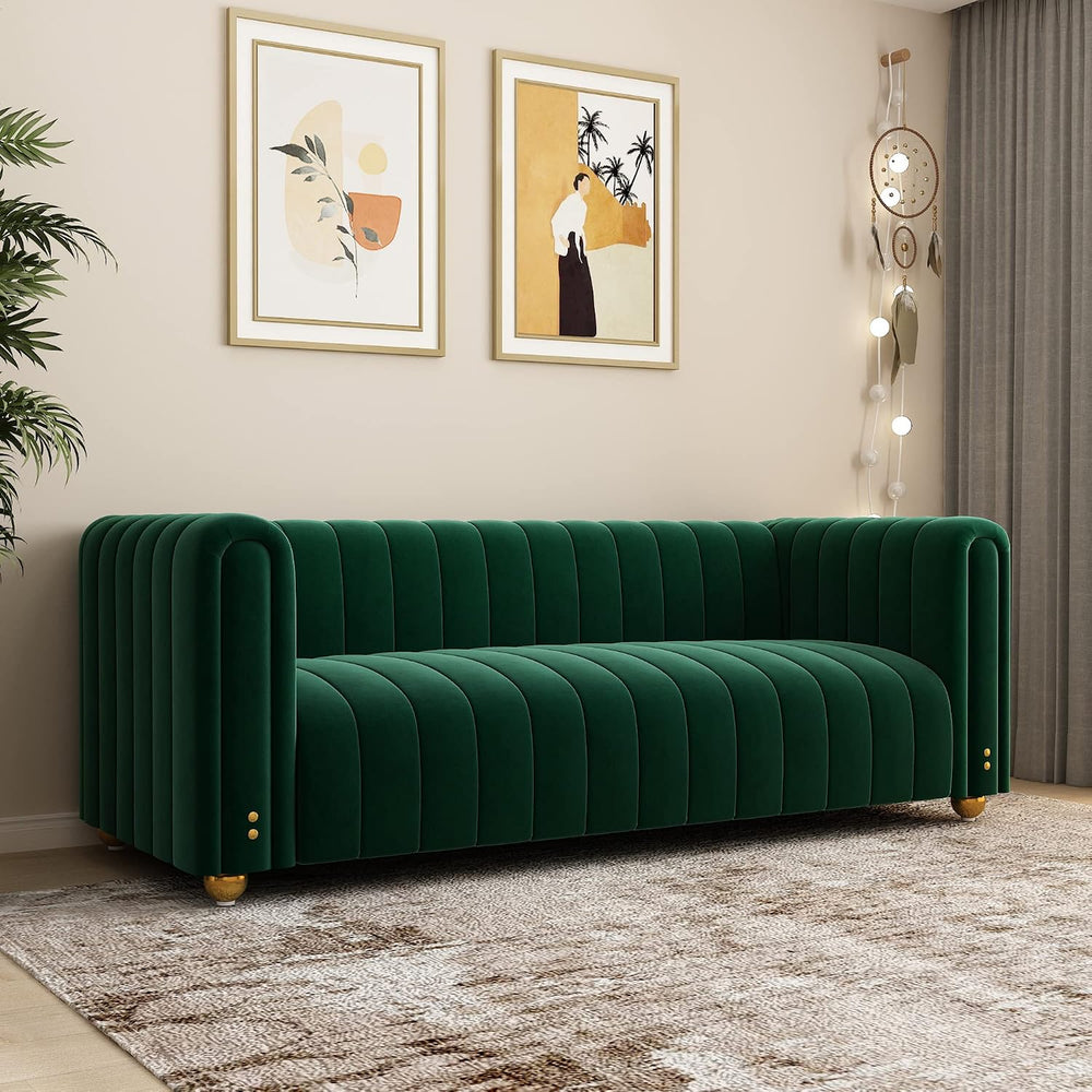 Green Velvet Couch Sofa Loveseat, 81.3 Wide Mid Century Modern Couch Small Sp...