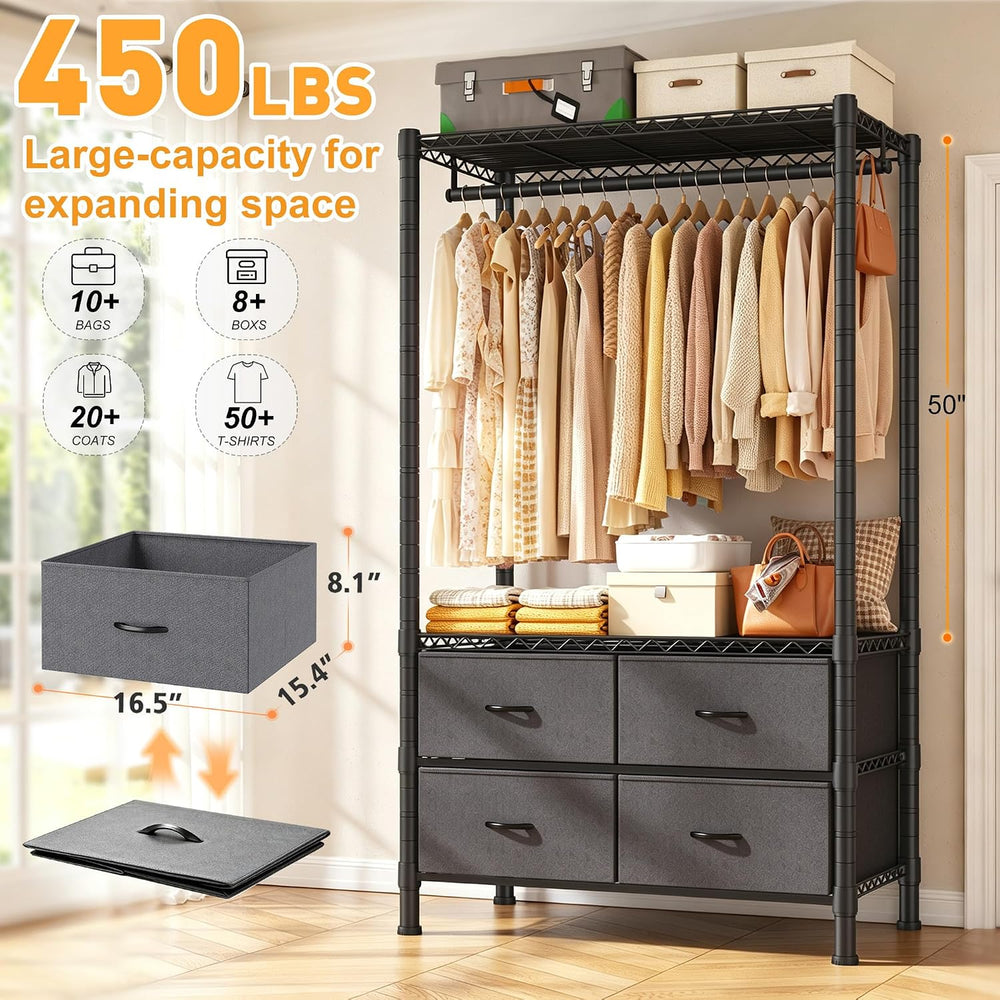 Raybee Clothes Rack, Heavy Duty Portable Closet with 4 Drawers 4 Shelves