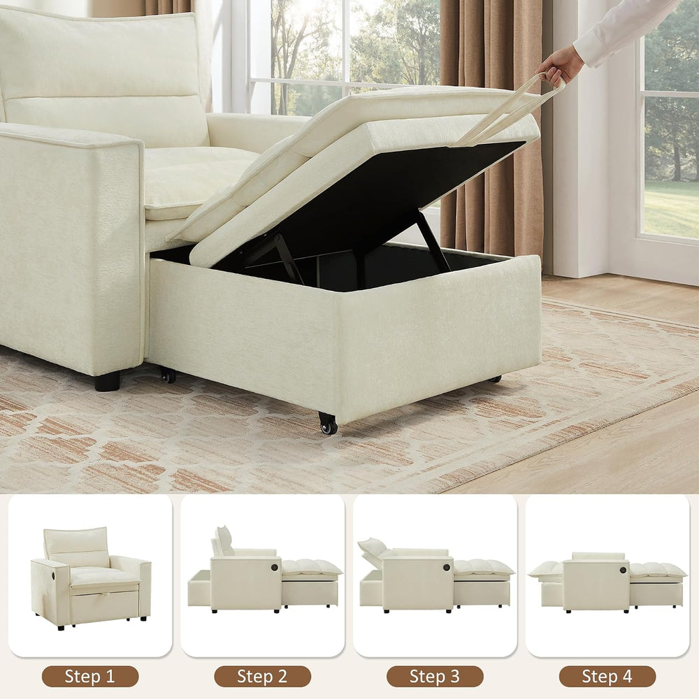 VANOMi Convertible 3-in-1 Sleeper Chair Sofa Bed, USB Ports, Chenille Beige