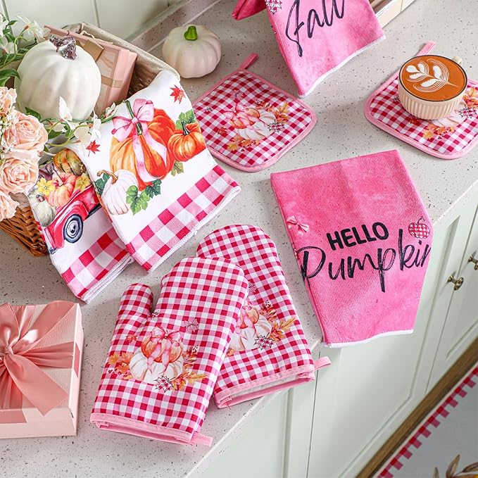 Fanfanwin 10 Pcs Thanksgiving Pumpkin Kitchen Decor Set Pink Kitchen Towels Pot - Image 7