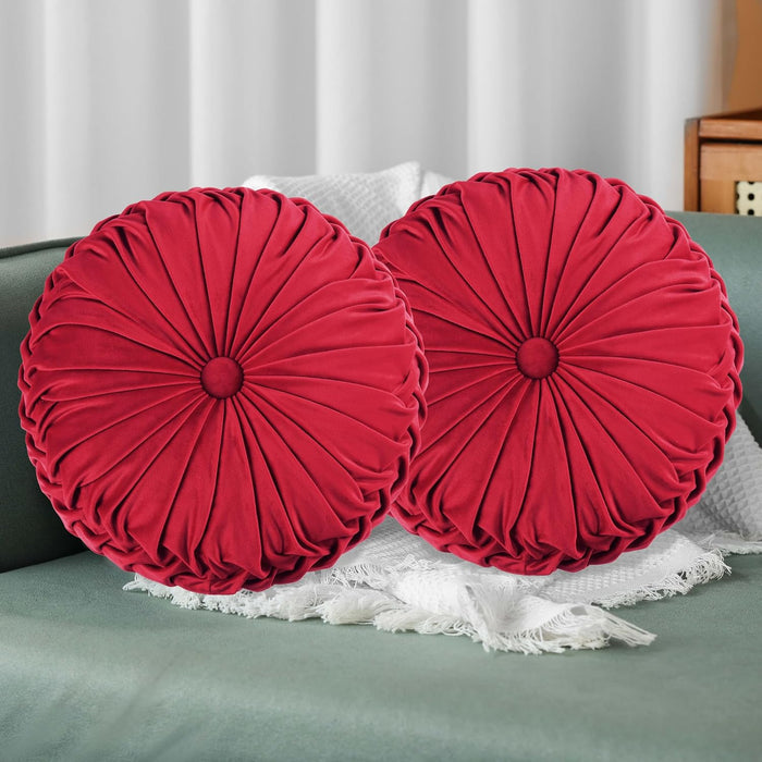 HIG Set of 2 Red Ruched Velvet Round Throw Pillows – 14.5’’ Decorative Pillows