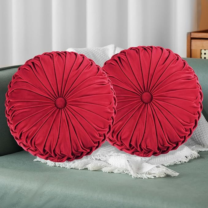 HIG Set of 2 Red Ruched Velvet Round Throw Pillows – 14.5’’ Decorative Pillows by HIG