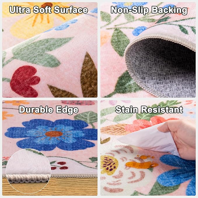 Round Area Rug for Living Room: 6 ft Floral Washable Circle Rug Soft Boho - Image 6