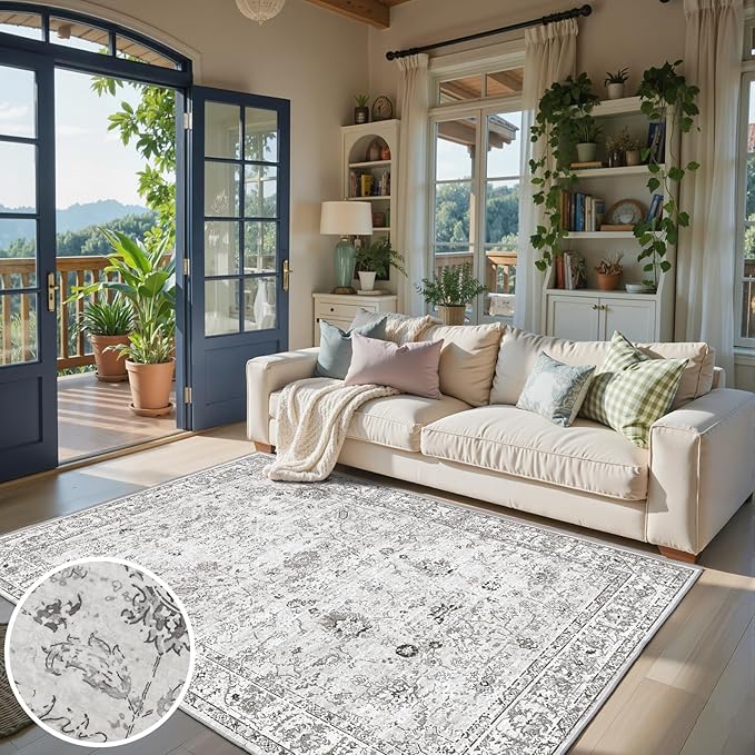 Area Rug 4x6 Grey Rug, Washable Boho Rugs Non Slip Low Pile Floral Small Carpet - Image 2