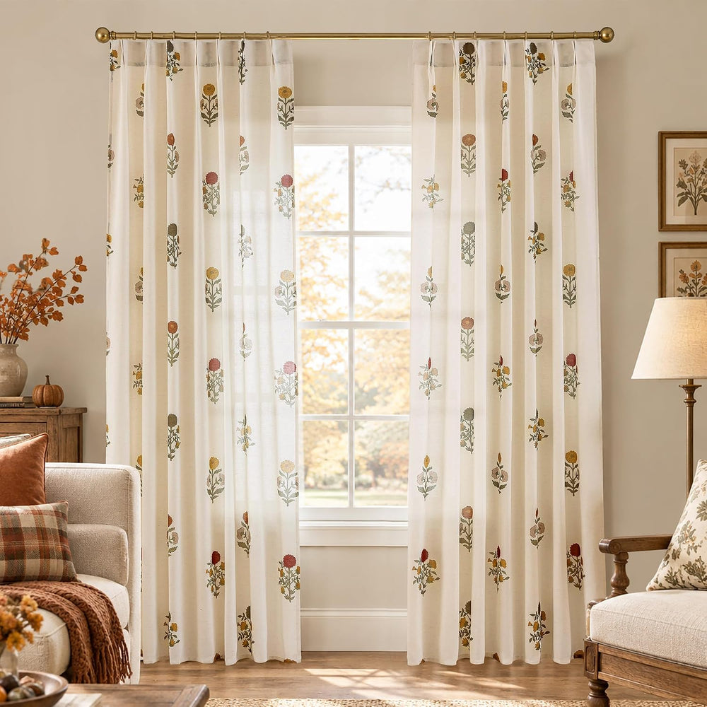 Pinch Pleated Fall Floral Curtains for Living Room, Burnt Orange and Green Li...