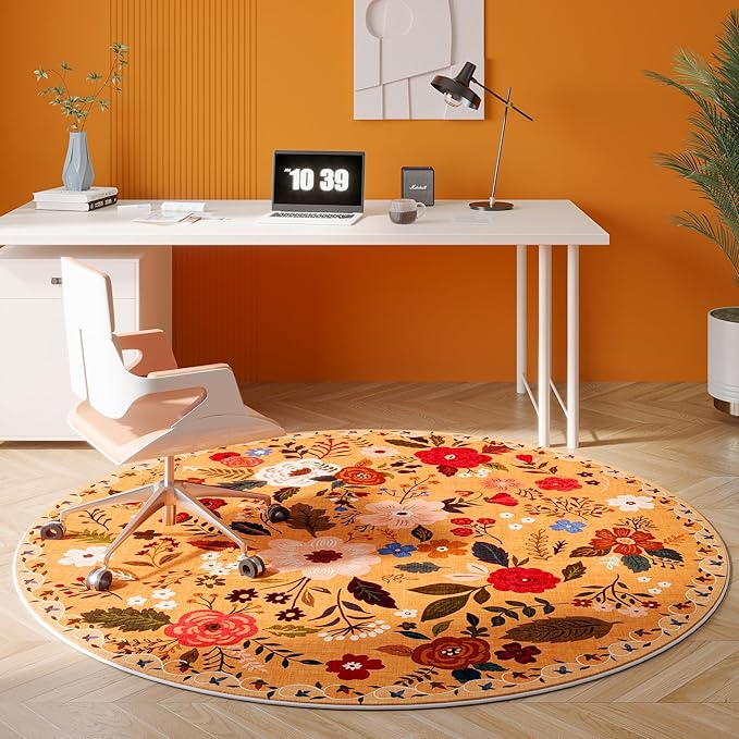 Rugcomf Round Rug 4ft Washable Circle Rug Non Slip Low Pile Boho Floral Small - Image 5