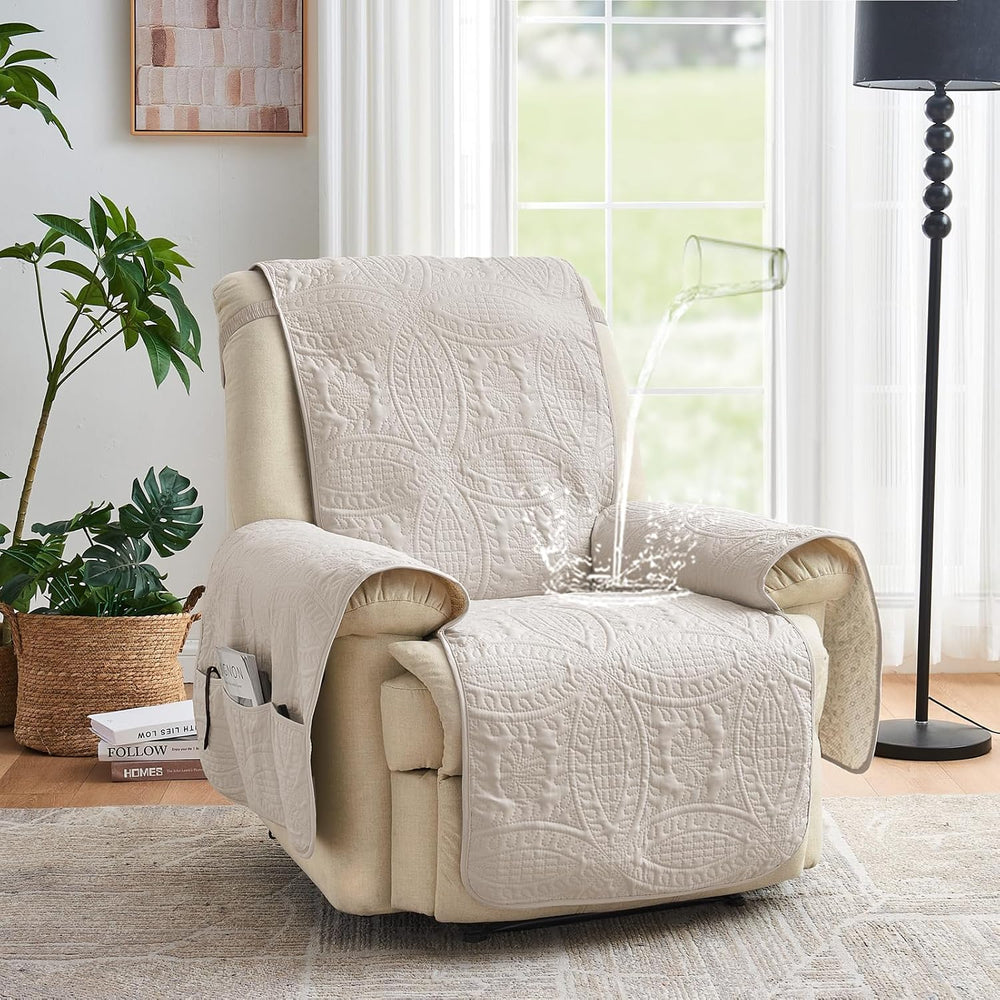 Beige Quilted Recliner Chair Covers, Water-Repellent Recliner Slipcovers, Laz...