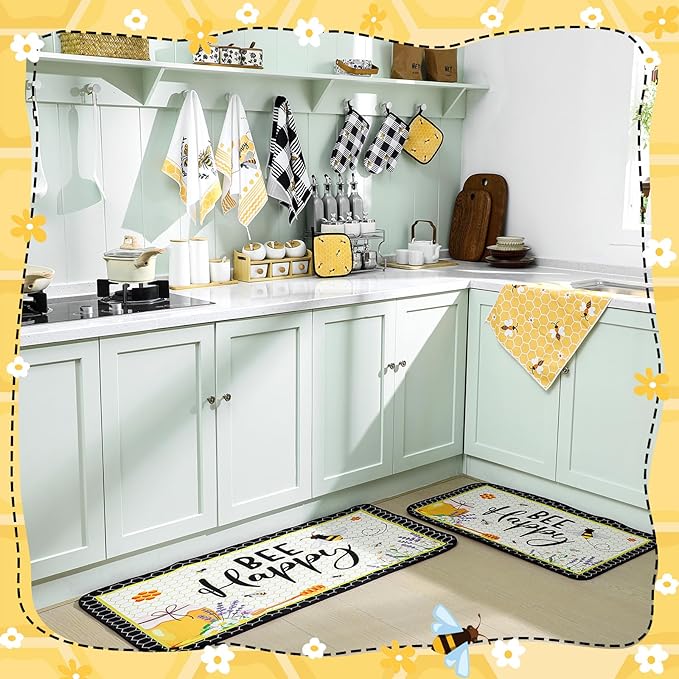 Fourluoo 10 Pcs Bee Kitchen Decor Set Honey Bee Dish Towels Rugs Oven Mitts and - Image 7