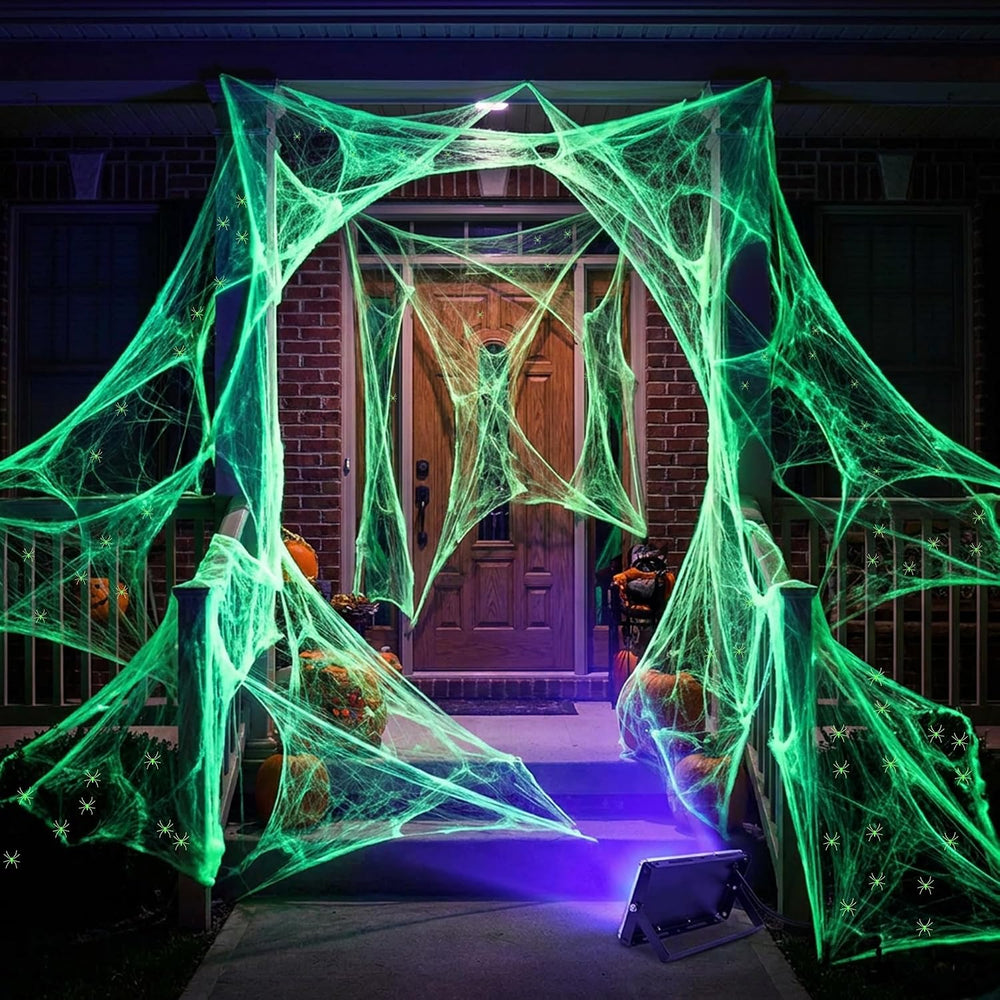 1100 Sqft Halloween Glow Green Stretch Cobwebs with Glow Spiders and Light