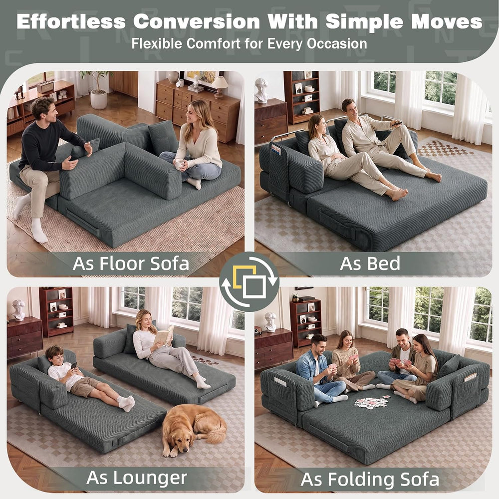 60" Convertible Corduroy Sofa Bed, 5-in-1 Boneless Couch for Living Room