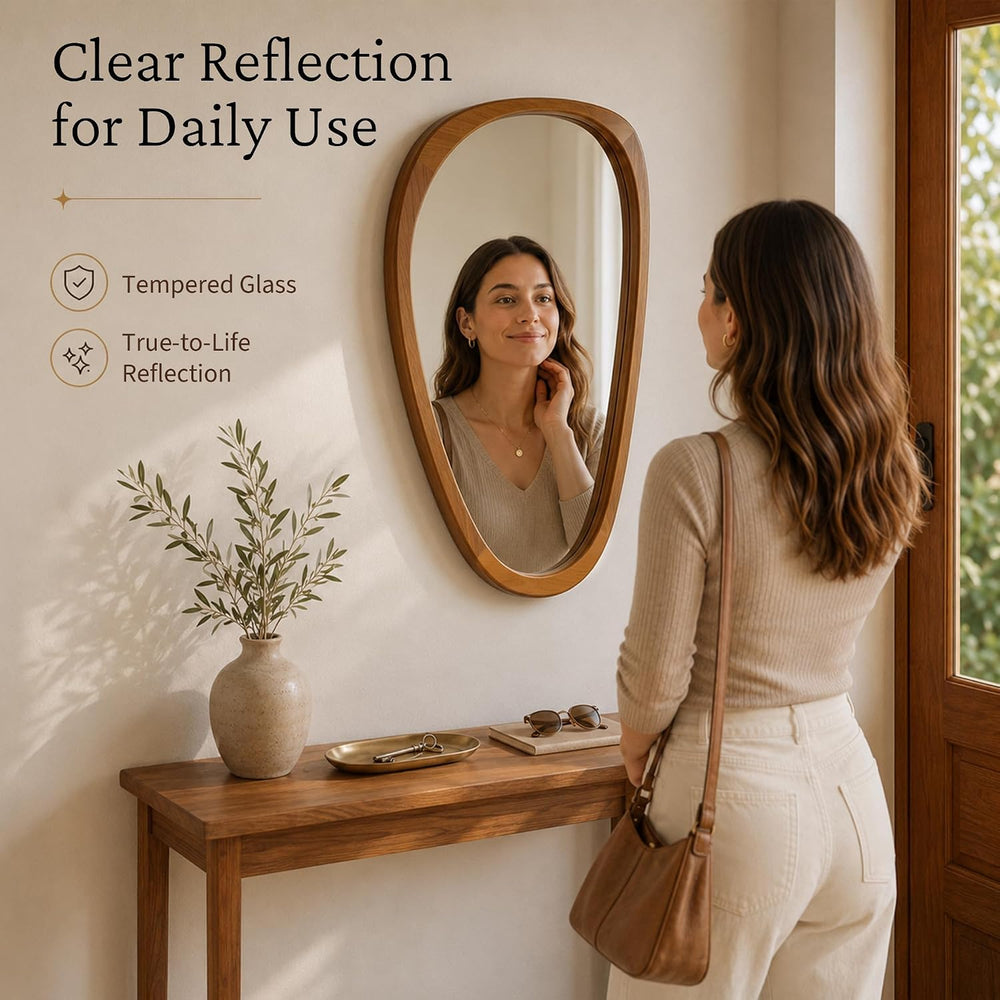 Solid Wood 30"x20" Warm Walnut Organic Irregular Wall Mirror Decor