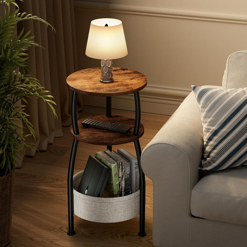 Round Side Table for Small Spaces with Storage Basket –Small End Table 3-Tier...