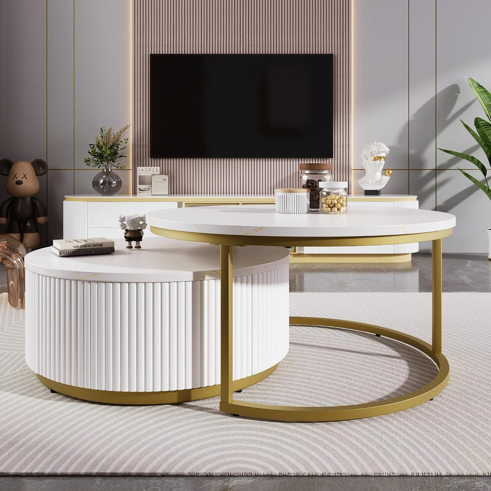 Nesting Coffee Table Set of 2, Round Coffee Table with Drawer for Living Room...