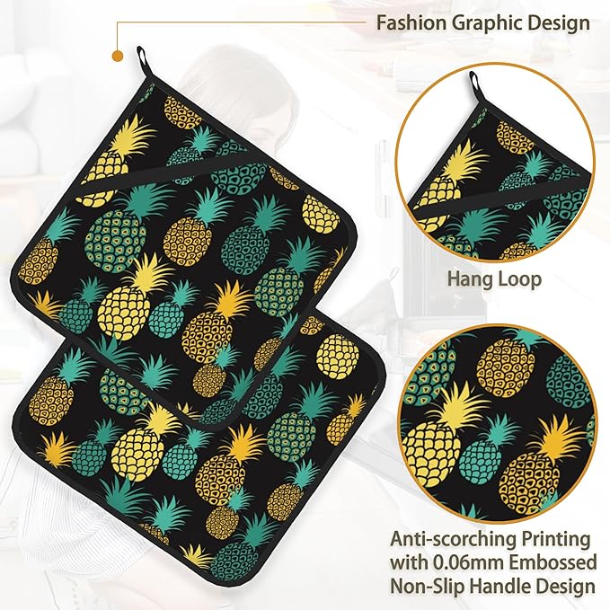 Tropical Pineapples Pot Holder Set of 2, Heat Resistant Potholders Oven Hot Pads - Image 4