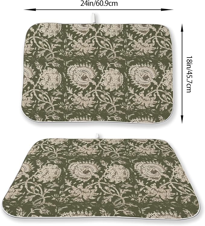 Green Dish Drying Mat 18 x 24 Inch Vintage Olive Green Floral Drying Mat - Image 3