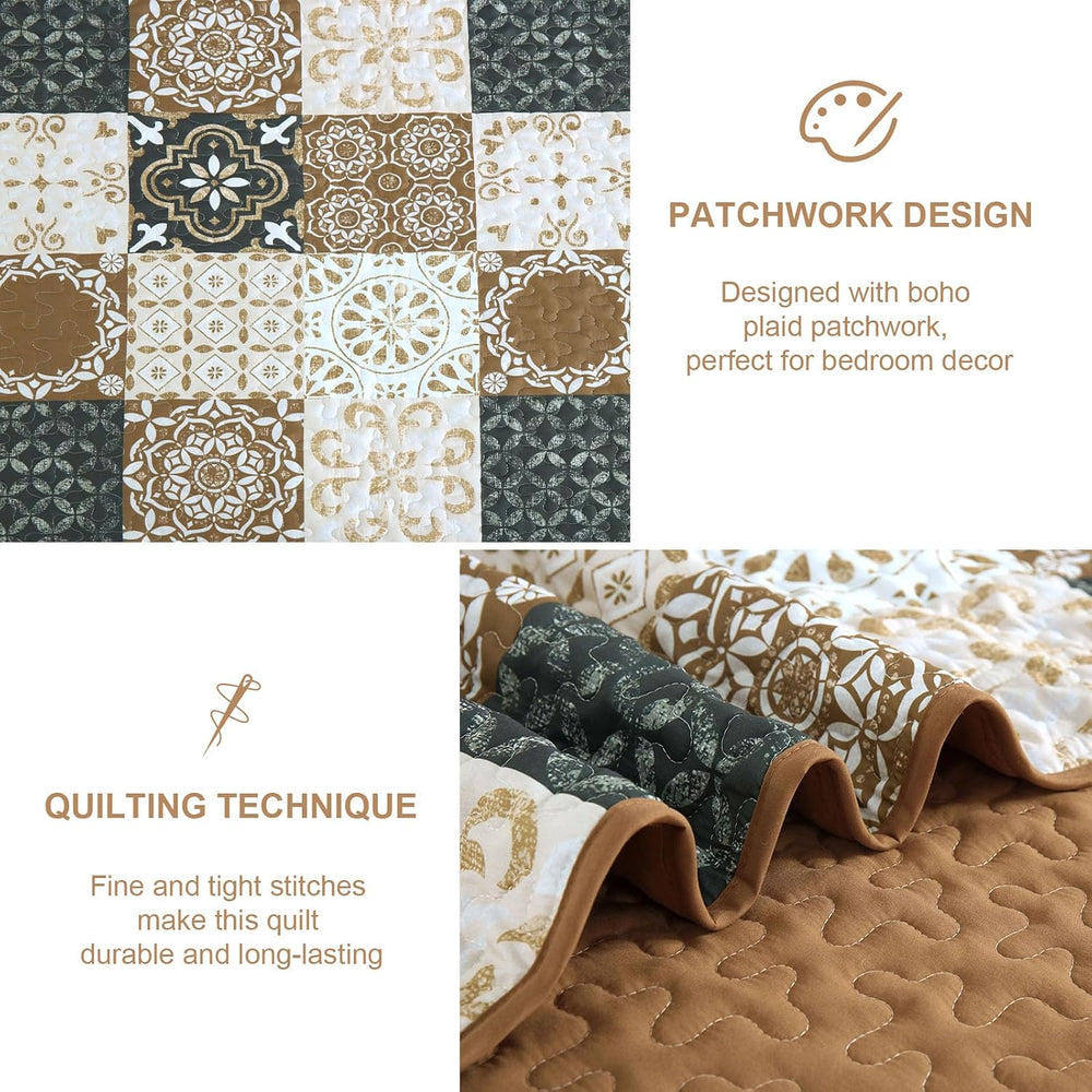 Patchwork Quilt Set King Size, Boho Farmhouse Bedspread Brown