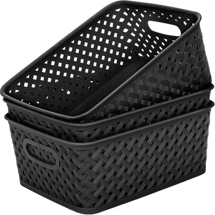 MaxGear 3 Pack Plastic Storage Baskets, Large, Black