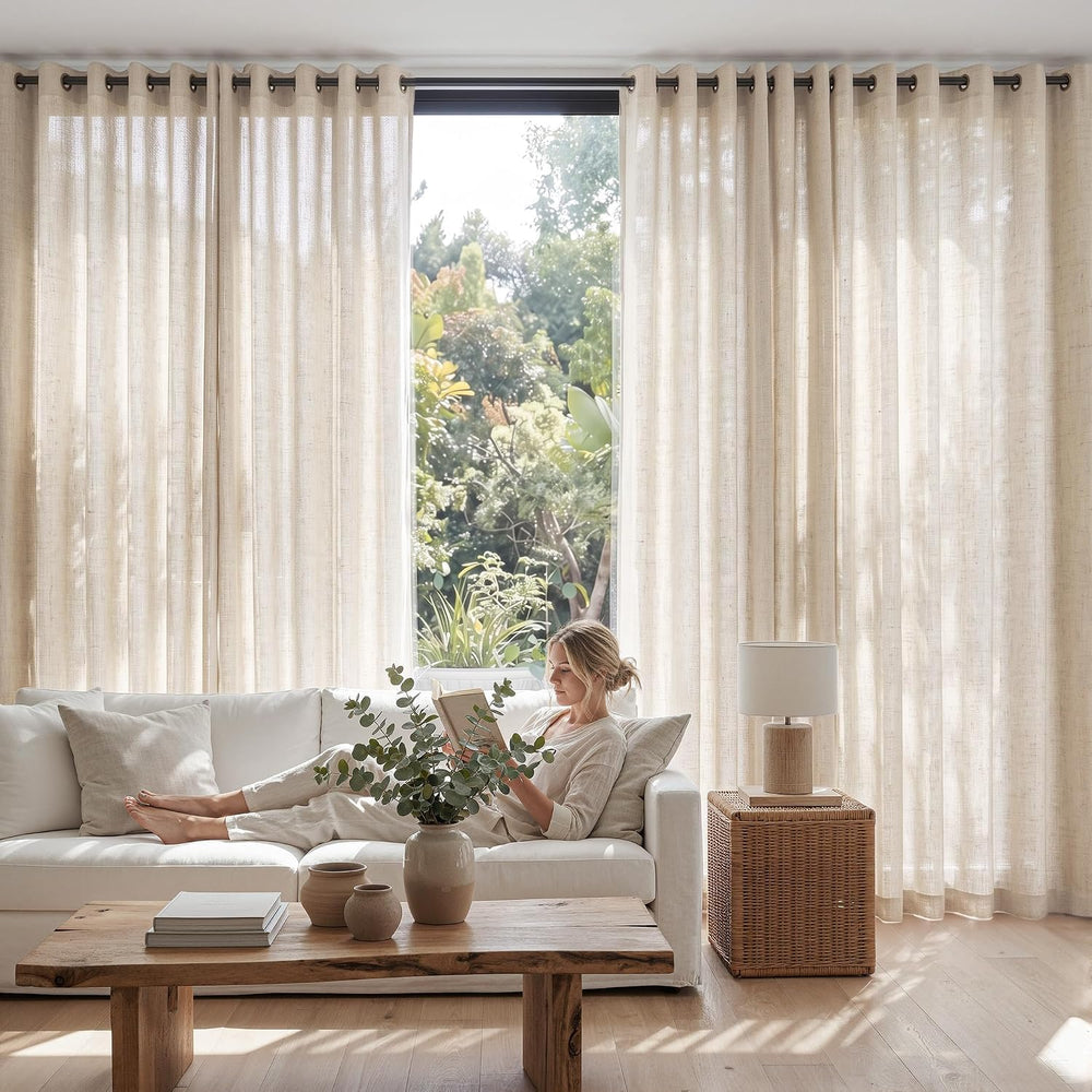jinchan Linen Curtain 84 Inch Light Filtering Grommet 1 Panel Beige