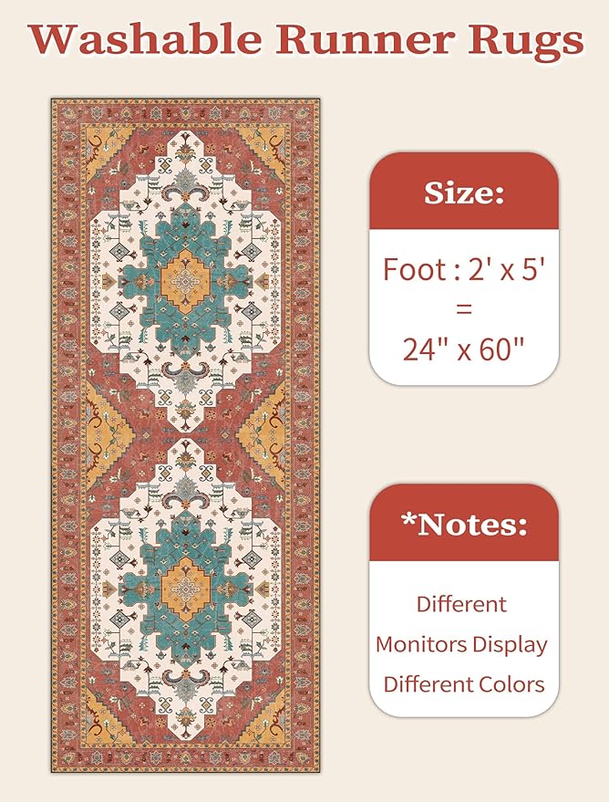 SERISSA Boho Washable Runner Rug, 2x5 Rug Non-Slip Vintage Orange Hallway - Image 6
