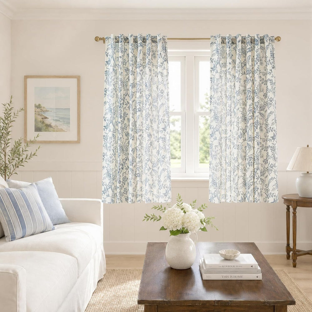 Lazzzy Blue Floral Linen Curtains Farmhouse Rod Pocket 50W X 63L 2 Panels
