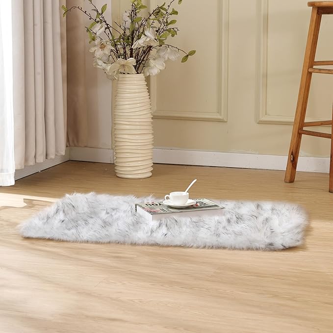 ORINOVA White and Grey Faux Shaggy Fur Rug - Image 9