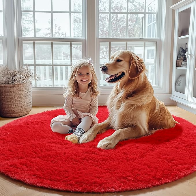 ONASAR Red Round Area Rug 4ft, Soft Bedroom Circle Rugs Floor Mat - Image 7