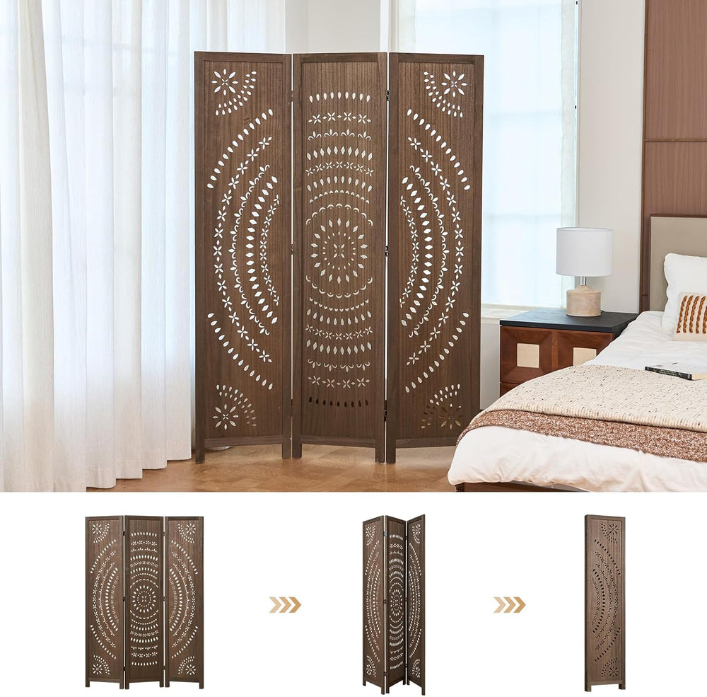 66.9Inch Folding Room Divider, 3 Panels Wood Carved Privacy Screens, Free Ass...