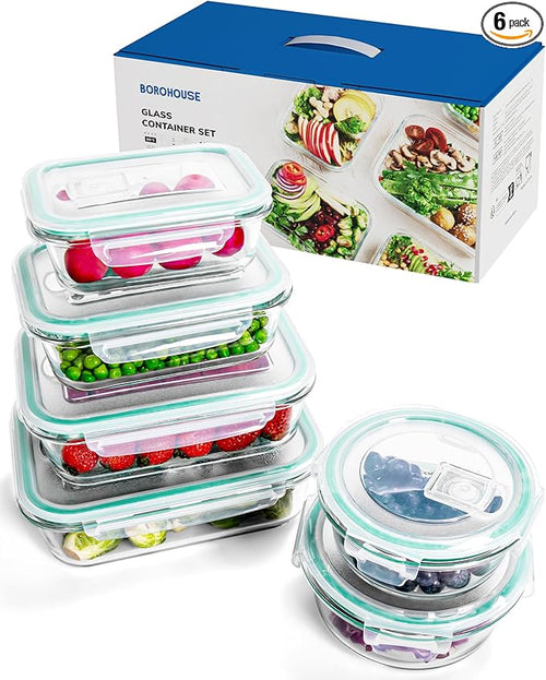 6-Pack Borosilicate Glass Food Storage Containers Set by BOROHOUSE
