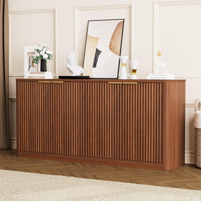 59" Fluted Buffet Sideboard Cabinet with Storage, Wooden 4-Door Sideboard with Adjustable Shelves, Coffee Bar Table for Kitchen, Living Room, Entryway,Walnut