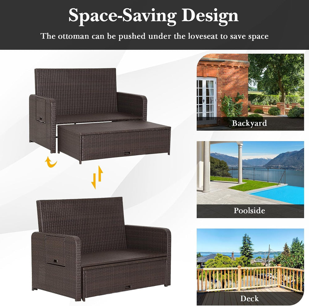 COSTWAY Patio Rattan Daybed with Cushions, Outdoor Wicker Loveseat Sofa