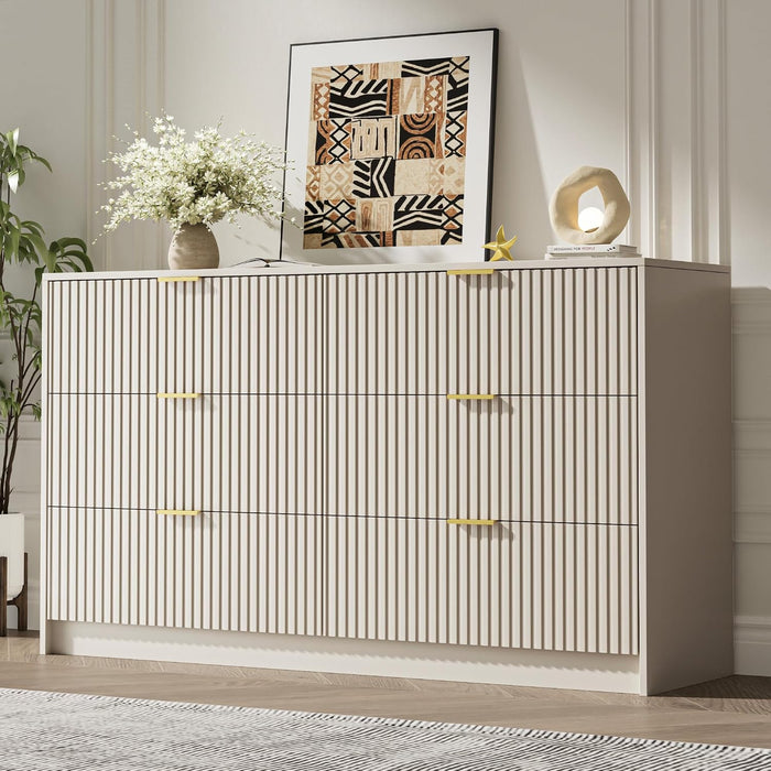 55" Wide Fluted 6-Drawer Double Dresser for Bedroom, Beige