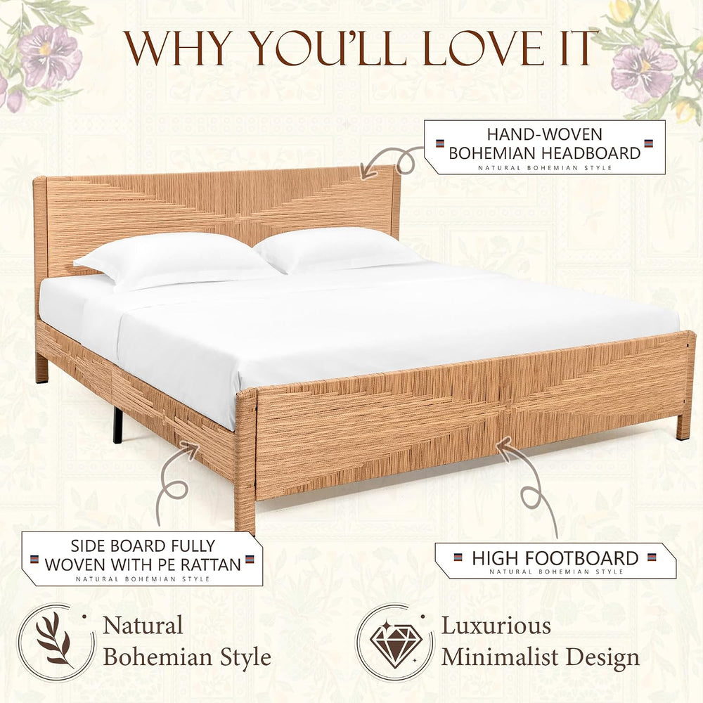 Brafab Hand-woven Rattan King Bed Frame with Headboard and Footboard